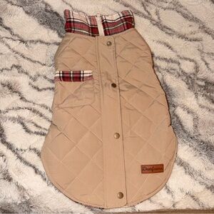 Dearfoams Tan Quilted Dog Coat with Plaid Trim